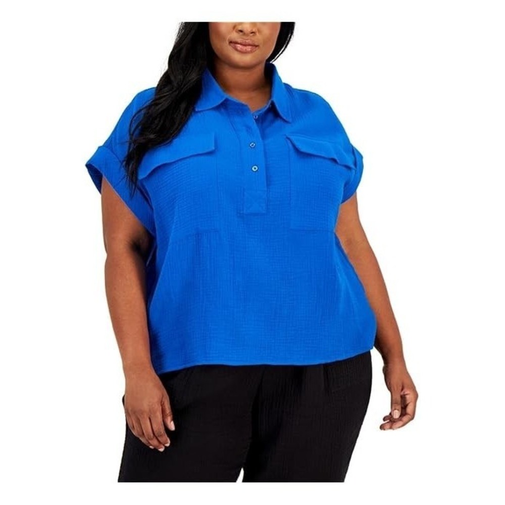 Calvin‎ Klein cotton textured popover top Size 3X blue collared camp shirt